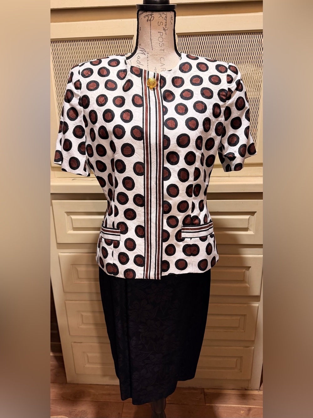 Vintage Rickie Freeman Teri Jon Polka Dot Floral Skirt Suit